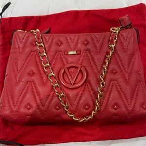Valentino By Mario Valentino Red Quilted Shoulder Bag with Gold Chain